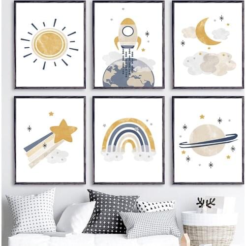 Spaceship Sun Moon Star Rainbow Cartoons Wall Art Canvas Painting Nordic Posters And Prints Wall Pictures Kids Room Home Decor
