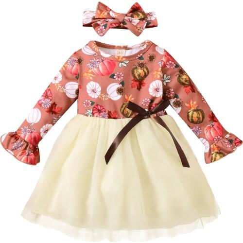 Toddler Girl 2Pcs Halloween Outfits, Cute Pumpkin Floral Print Long Sleeve Tulle Dress + Headband Set