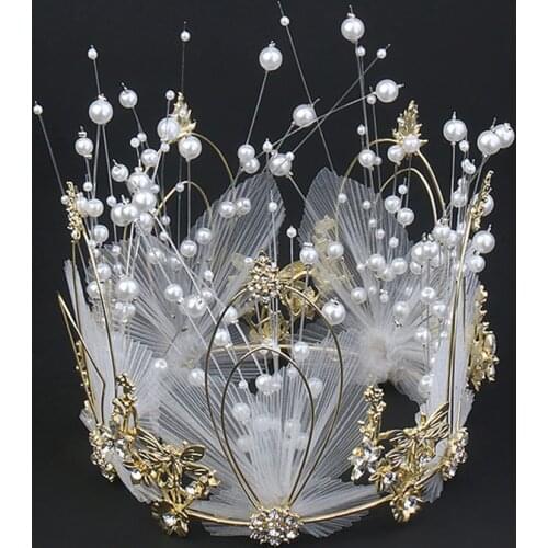 Metal Pearl Princess Crown Cake Topper Shiny Artificial Pearls Headdress Wedding Engagement Cake Decor Birthday Topper Handmade