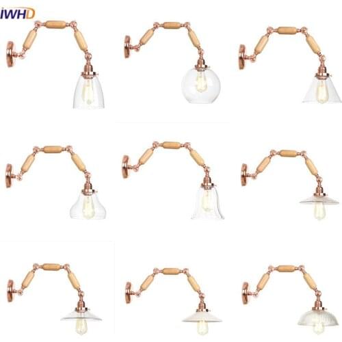 IWHD Wooden Rocker Arm LED Wall Lamp Simple Glass Wandlamp Vintage Adjustable Wall Light Home Lighting Applique Murale Luminaire