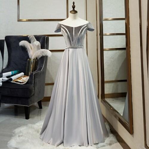New 2019 Evening Dress Elegant Banquet Grey Satin short Sleeves Floor-length Long A-Line Party Formal Gown Lace Up