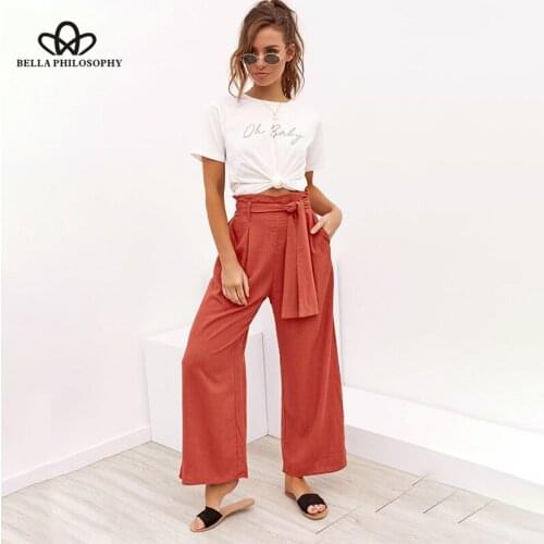 2019 new women pants Cotton Linen four-color band with broad legs spring summer leisure trousers pants women flare pants