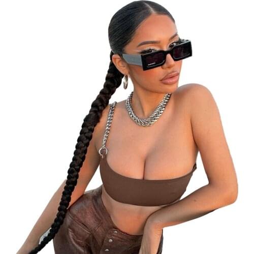 2021 New Sleeveless Slash Neck Solid Backless Sequined Sexy Brown Tank Top Spring Summer Women Fashion Streewtear Lounge Wear