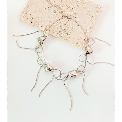 Origin Summer Sweet Silver Color Metal Love Heart Choker Necklace for Women Bowknot Tassel Pendant Necklaces Fashion Jewelry