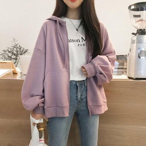 Autumn Winter Women Hooded Fleece Sweatshirt Long Sleeve Hoodies Loose Casual Zipper Pockets Solid Jacket Coat Womens Sweatshirt