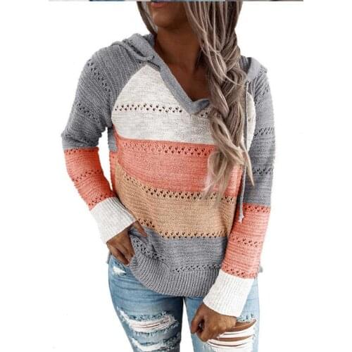 Autumn Patchwork Hooded Hoodie Women Casual V-neck Striped Knitted Sweatshirt Female Long Sleeve Pullover Jumpers New JD1654