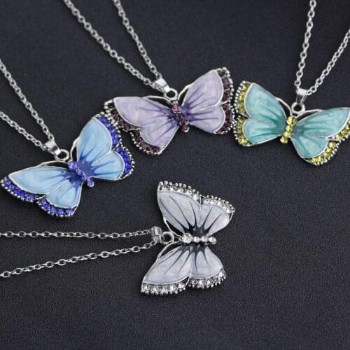 New Trendy Arrival Butterfly Pendants Necklace Cubic Zirconia Multicolor Chain Statement Necklaces Gift for Women