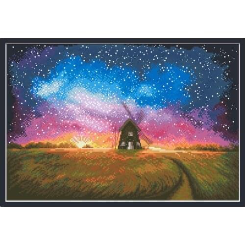 Grassland Starry Sky Counted Cross Stitch Patterns Kits Printed Fabric Embroidery Sets 11CT 14CT DIY Crafts Home Decor Paintings