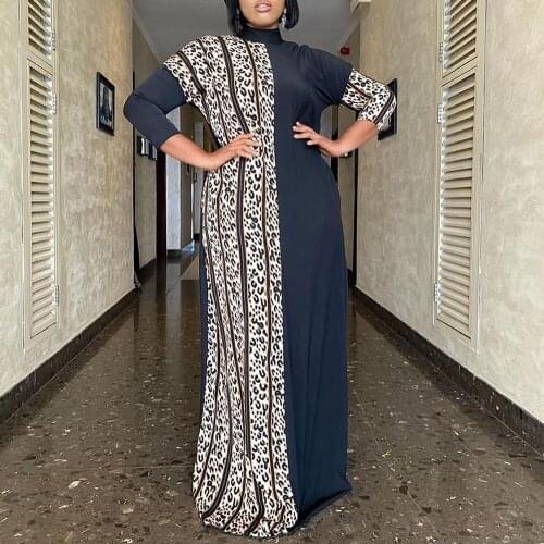 African Ethnic Maxi Dresses Women Summer 2021 Three-Quarter Sleeve Leopard Print Floor-Length High Waist Long Dress Robe Femme