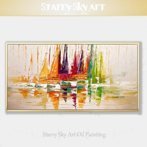 Professional Artist Hand-painted High Quality Abstract Boat Oil Painting on Canvas Rich Colors Knife Abstract Ship Oil Painting