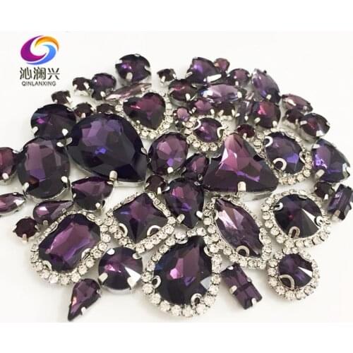 Deep purple color Mix size Crystal buckle+claw rhinestone,Silver base galss sew on stones diy/Clothing accessories 50pcs/pack