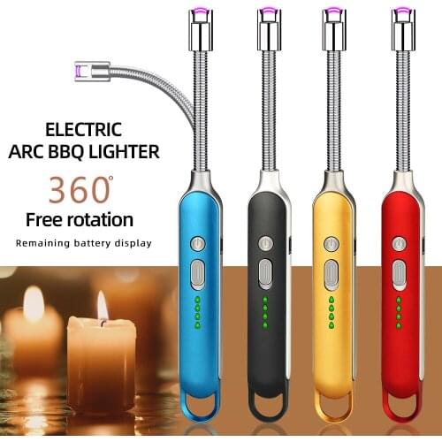 LED USB Windproof Electric Rechargeable Long Handle BBQ Kitchen Gas Stove Lighter Plasma Arc Flameless Candle Smoke Lighters