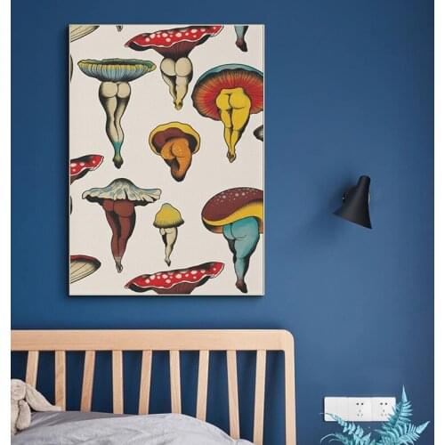 Vintage Retro Art Canvas Paintings Mushroom with Sexy Woman Leg Posters and Prints Wall Art Pictures for Living Room Home Decor