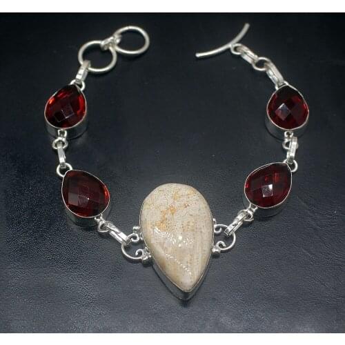 Rare Stylish Natural OceanJasper RedTopaz Silver Color Charms Links Bracelets For Women 8 inch HD699