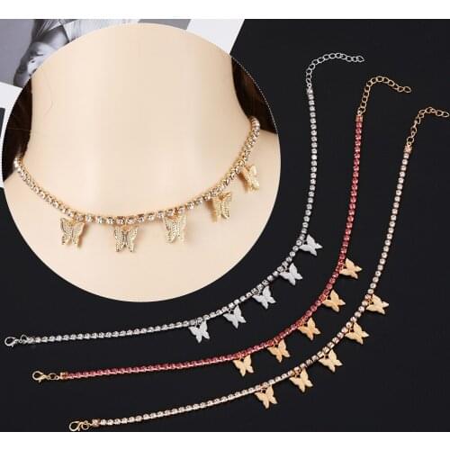 Women Butterfly Pendant Necklace Female Rhinestone Shining Clavicle Chain Crystal Charms Choker Jewelry Party Necklace Gift