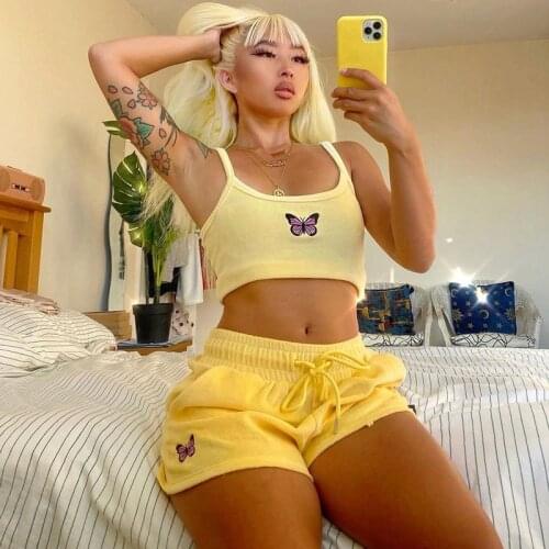 Two Pieces Sets Outfits for Women Tracksuit Girls Butterfly Print Sport Suits Summer Female Strappy Camis Crop Tops+Shorts