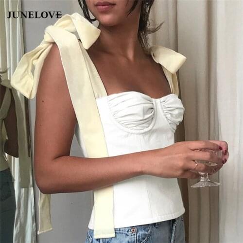 JuneLove Sexy Crop Tops Female Sleeveless Bandage Short Strap Vest For Women Vintage Fashion Korean Summer Tide Street Blouse