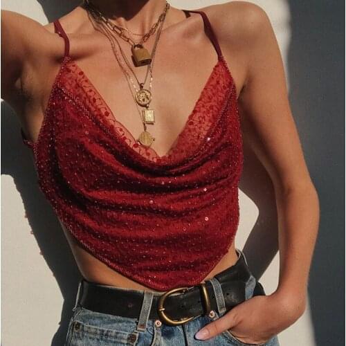 Sexy Sequins Camisole Women Backless Crop Top Summer Pleated Low Neck Tube Top Spaghetti Strap Ladies Irregular Tank Top