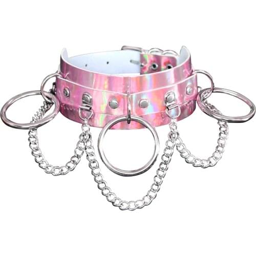 Leather Necklace Pink Neck Goth Punk Metal Chain Belt Party Dance Festival Rave Wear Adjustable Fashion Women Crop Top Harness