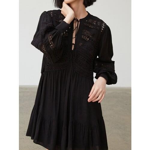 Women Ruffles Dress Lace Hollow Out Long Sleeve Lace-Up Mini Dress 2021 Spring Summer Ladies Short Robe
