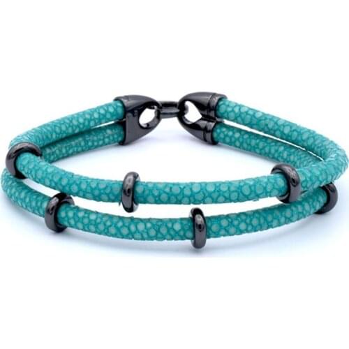 10pcs) Two Layer Leather Charm Silver Stainless steel Strap Men Luxury Thailand Leather Stingray Genuine Bracelets Bangle