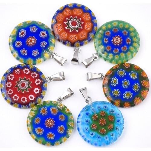 20pcs Handmade Millefiori Lampwork Flat Round Pendants Mixed Color with 304 Stainless Steel Findings 23x20x3~3.5mm F70