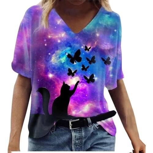 3XL Plus Size Fashion Blouses Womens Summer Cat Chasing Butterfly Printed Shirts Casual Short Sleeve Crew-Neck Top blusas mujer