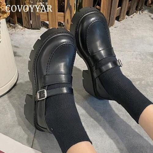COVOYYAR Platform Shoes Women Retro Round Toe Pu Leather Shoes Buckle Slip-on Ladies Pumps College Casual Oxford Shoes WHH269