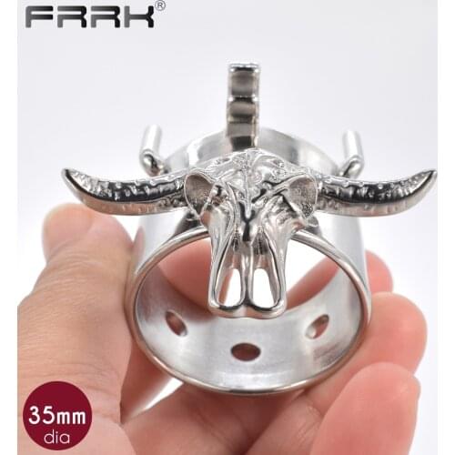 FRRK Open Penis Rings Bull Head Skeleton Male Chastity Device Metal Cock Cage BDSM Bondage Belt Naughty Sissy Sex Toys for Men