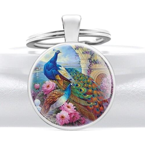 Classic Fashion Noble Peacock Glass Dome Key Chain Charm Men Women Jewelry Key Rings