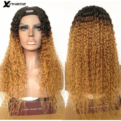 Honey Blonde Brazilian Highlight Ombre Curly Human Hair U part Wigs Color 1B/#27 180% Density Remy Hair Deep Wave U Part Wigs