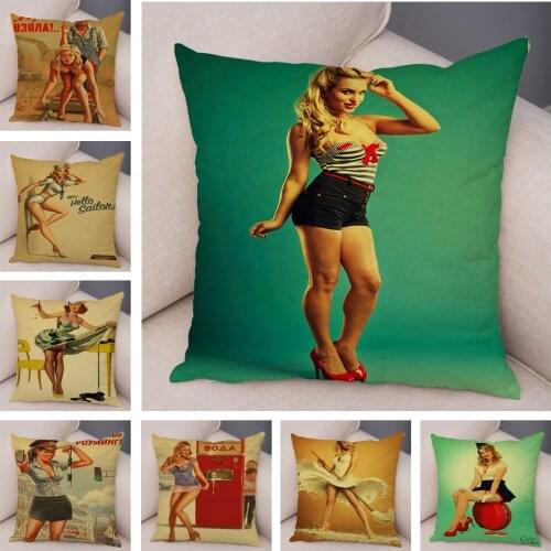 Vintage Style Sexy Lady Cushion Cover Decor Cartoon Pinup Girls Print Pillowcase Super Soft Plush Pillow Case for Sofa Home