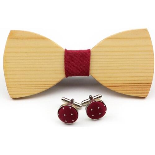 New 2020 Wooden Bow Tie Cufflinks Set Handmade Fashion Mens Solid Wood bowties with Round Braided Dot Cuff Link Gravata set