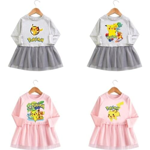 Pikachu Pokemon Girl Clothes Long Sleeve Kids Dress for Girl Mesh Princess Dress Vestdios Girls Spring Dress Vestidos