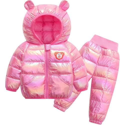1-8 year old autumn and winter baby boy down jacket cartoon print bear boy and girl solid color hooded shiny thick coat