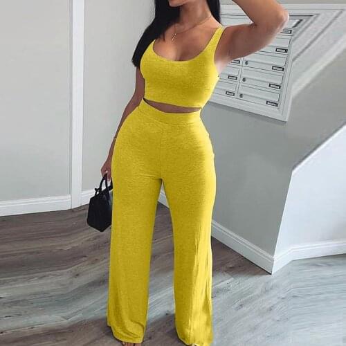 Casual Sportswear Two Piece Suit Women Ribbed sleeveless crop top and wide leg pants set Sexy V neck outfits Tracksuit suit