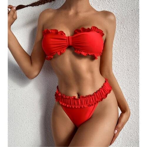 Sexy Women`s Swimsuit 2021 Bikini Pleated Bandeau Female Swimwear Thong Bikinis Set Bather Swimming Beach Wear for Bathing Suit