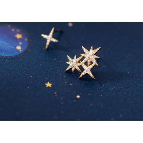 Asymmetry Earrings REAL. 925 Sterling Silver Jewelry CZ Set Astral Star ear-bone Stud Earrings C-G7669