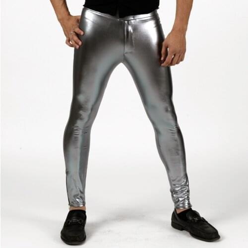 Speerise Men Shiny Mid Waist Leggings Silver Metallic Spandex Full Length Man Black Meggings Leggings Tights for Guys