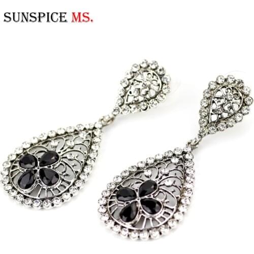 SUNSPICEMS Fashion Women Black Crystal Long Drop Earring Bohemia Ethnic Wedding Jewelry Hollow Flower Indian Rhinestone Earrings