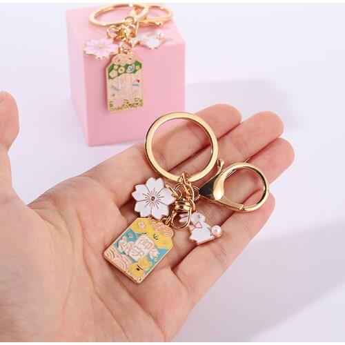 Decoration Kawaii Llaveros Originales Amulet Lucky Cat Japan Keychain Car Keyring Bag Sakura Pendant Charms Keyfob Couple Gift