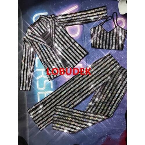Women Singer Stage Performance Silver Black Rhinestones Sequins Striped Suits 3-Pieces Set Bar Concert Outfit Party Show Costume