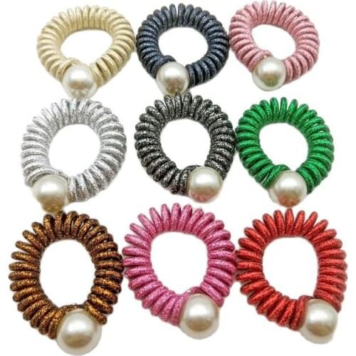 Lot 4Pcs Cloth Wrap Telephone Wire Line Rubber Band Elastic Man-Made Pearl Hairband Hair Rope Scrunchy Headbands Gum Size 4 CM