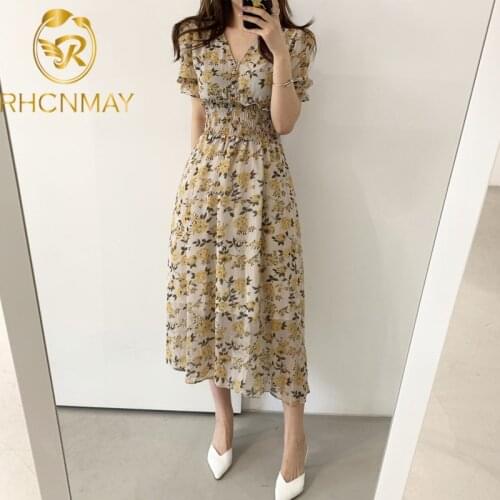 One-Piece V-Neck Elastic Waist Flared Sleeve Chiffon Dress 2021 Summer New Korean WomenS Dress Vintage Printed Dress Long Dress