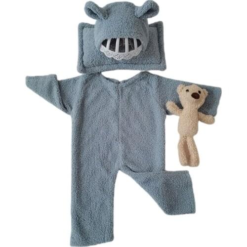 Newborn Baby 4Pcs Photography Props Infant Long Sleeve Romper Jumpsuit and Hat Bear Doll Pillow Thicken Warm Plush Outfits