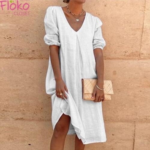 Flokocloset 2021 Summer A-Line Party Dress Sexy V-Neck Long Dress Lady Casual Solid Loose Beach Dresses