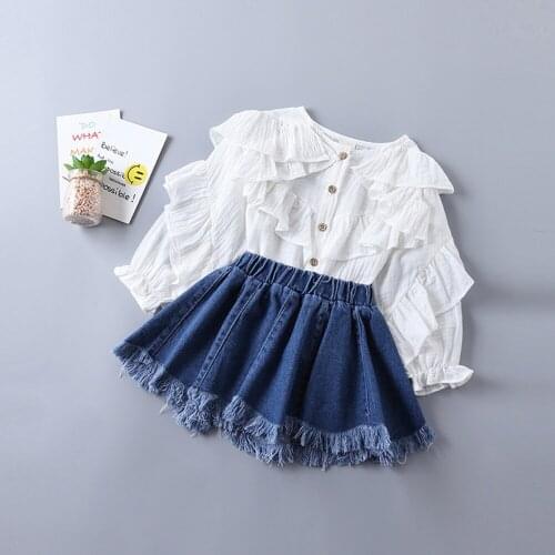 FOCUSNORM Fashion Infant Kids Girls Clothes Sets 3-9Y Ruffles Solid Long Sleeve Tops Denim Skirts 2pcs