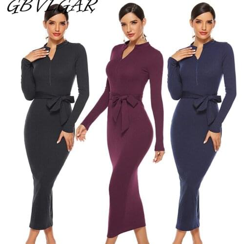 GBVLGAR 2021 Autumn Winter Women Sexy Zipper Sashes Knitted Dress Long Sleeve V Neck Plus Size Bodycon Long Sweater Warm Dress
