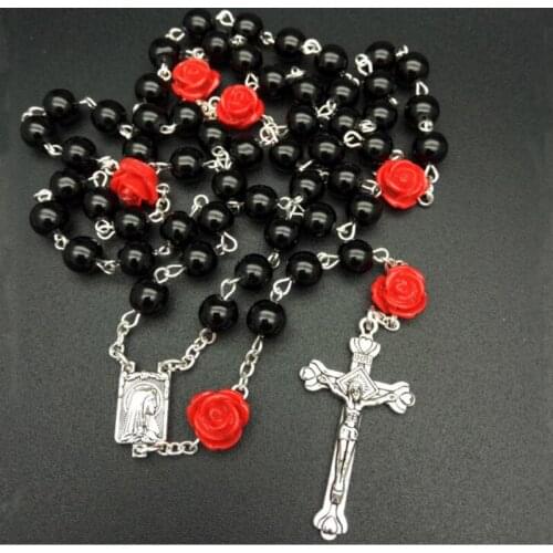 Catholic Jesus Cross Rosary Necklace Long 6mm Imitation Pearl Beads Chain Christian Religious Virgin Mary Pendant Necklaces