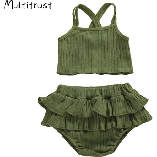 Infant Kids Baby Girls 2Pcs Set Solid Clothes Crops Tops Vest Ruffled Bottoms Short Sunsuit